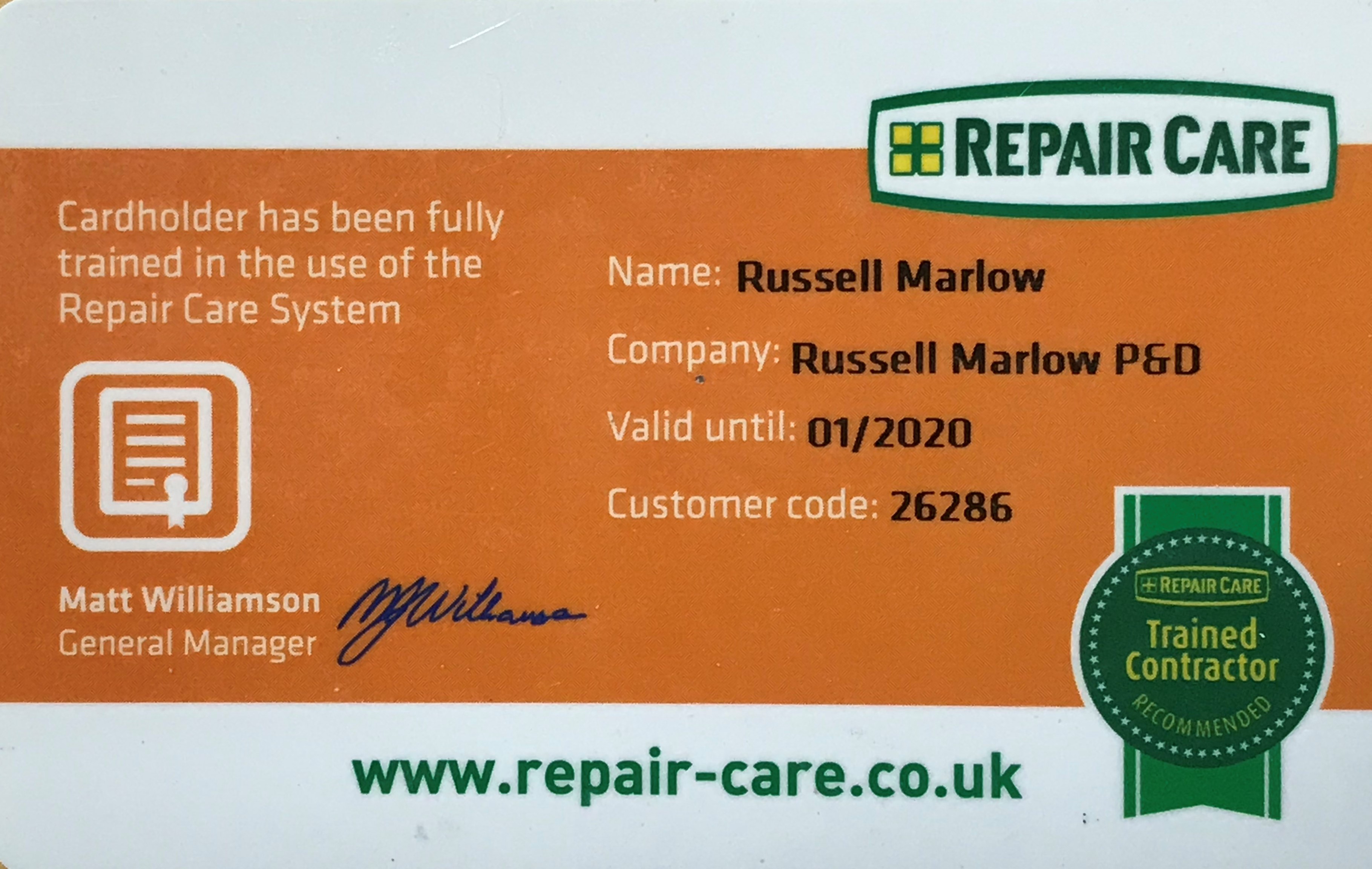 Repair Care Contractor Card Repair Care Contractor Card
